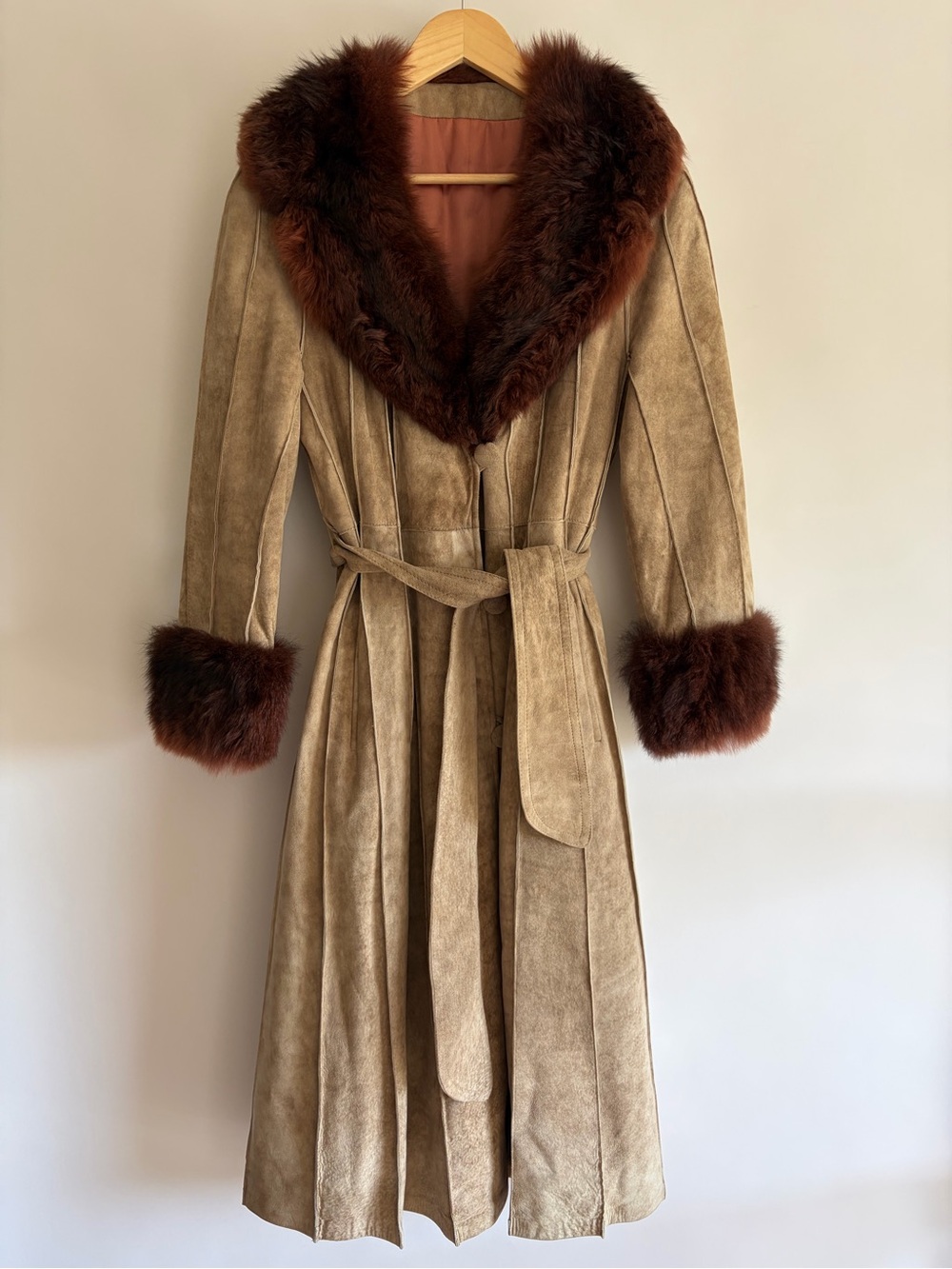 Vintage Rajac Leather Beige Suede Fur Long Belted Coat